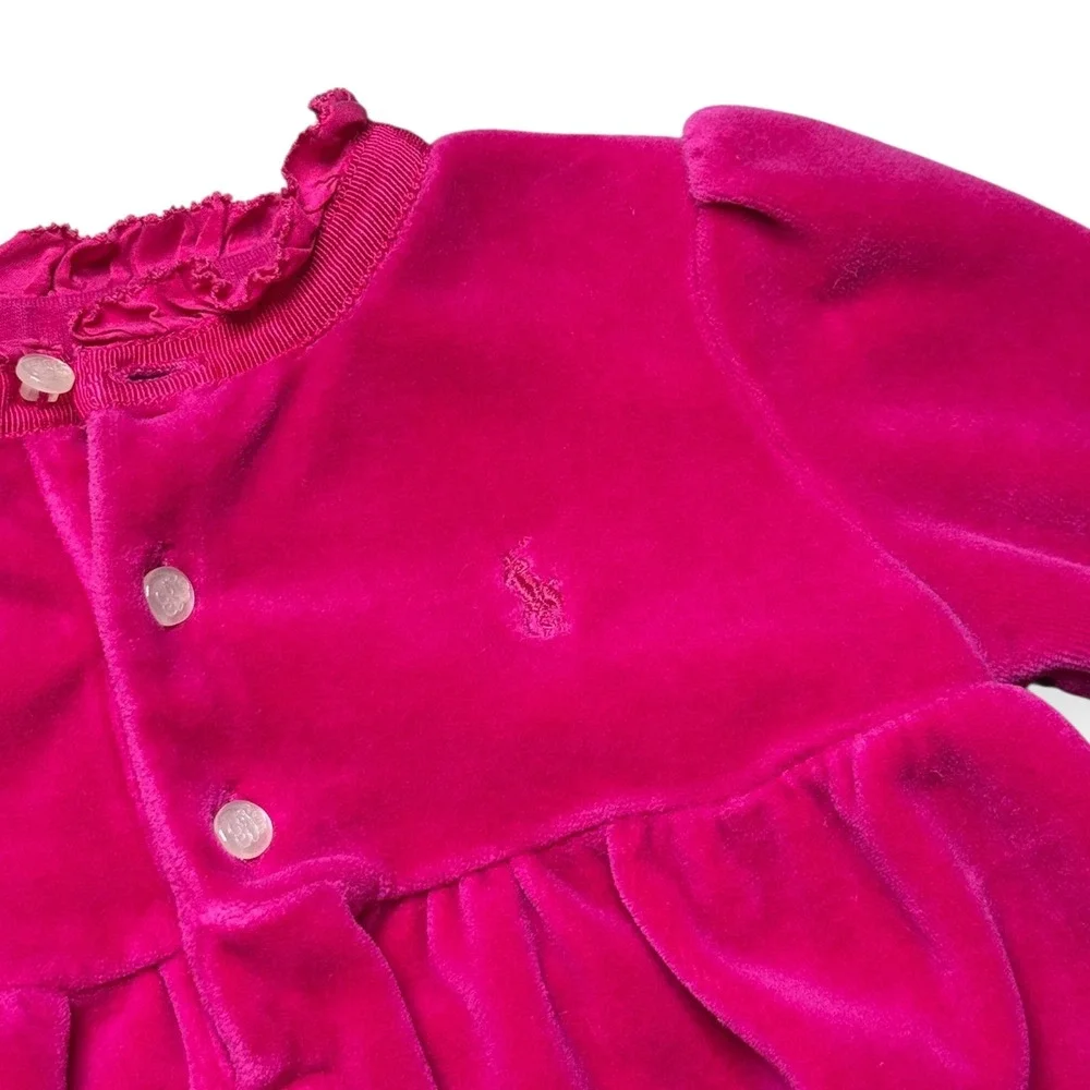 Ralph Lauren Baby Girls‎ Velvet Dress Fuchsia Pink Ruffle Trim Long Sleeve 12M